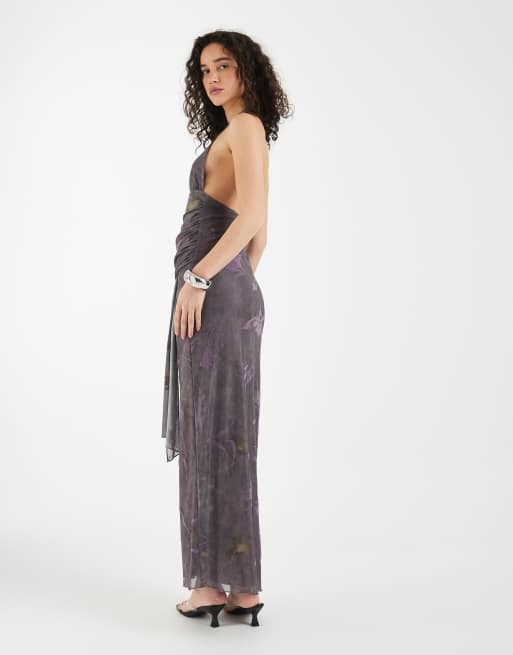 Motel - Rokoyo - Robe longueur mollet à imprimé fleuri avec dos nu et taille nouée - Violet, 4 de 4
