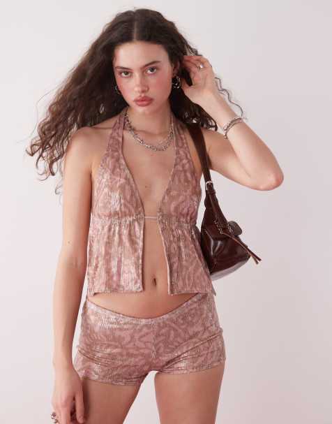Motel Rokudo batik print sequin halter singlet top in pink - view 1