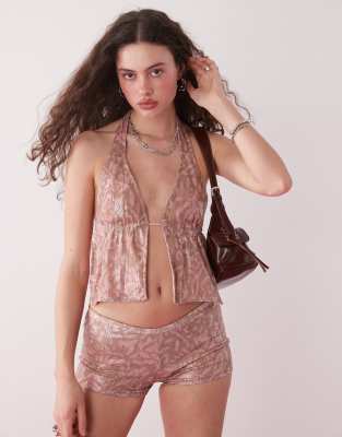 Motel Rokudo Batik Print Sequin Halter Tank Top In Pink
