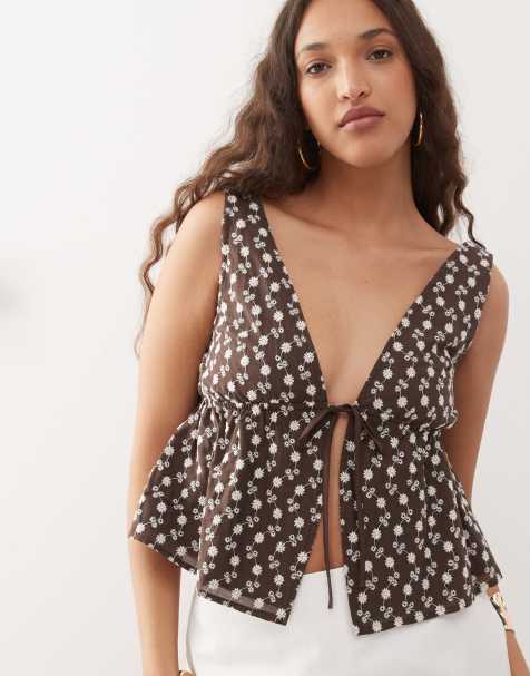 Motel rolia eyelet tie-front halter top in brown - view 1
