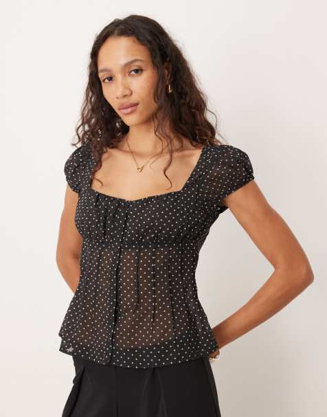 Motel Rolina chiffon polka dot sheer blouse in black