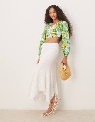 rombe asymmetric linen look boho skirt in ivory-White