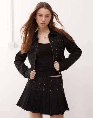 Ronira stud detail fitted denim jacket in washed black