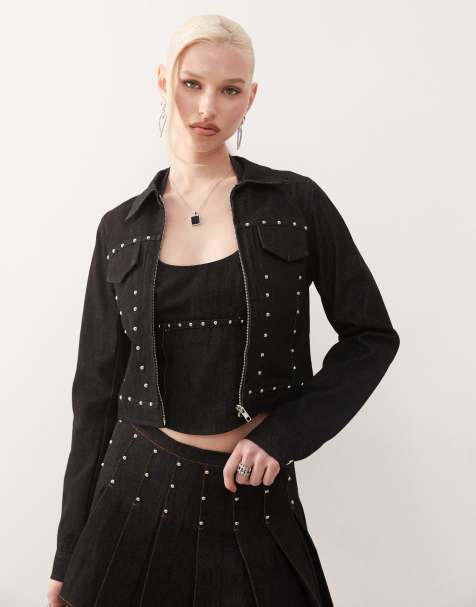 Motel ronira stud detail fitted denim jacket in washed black - view 1