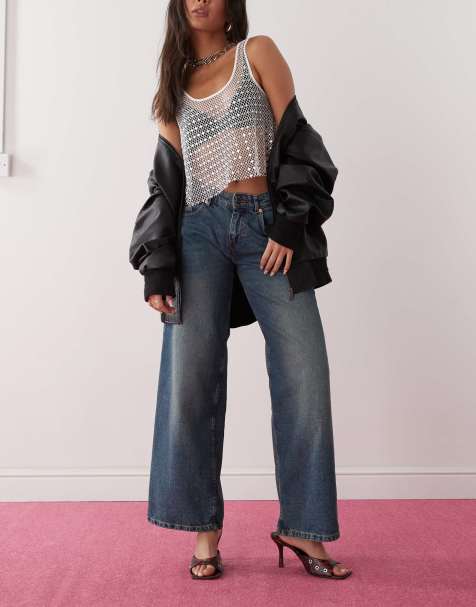 Motel roomy extra wide low rise jeans in bright blue - view 1
