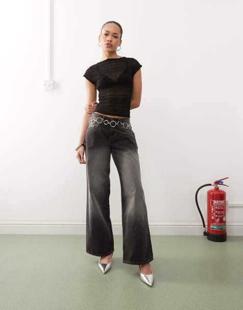 Motel roomy extra wide low rise jeans in grey used bleach - view 1