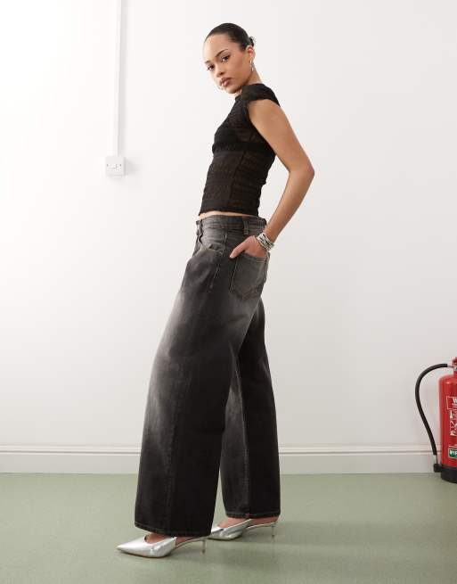 Motel roomy extra wide low rise jeans in grey used bleach