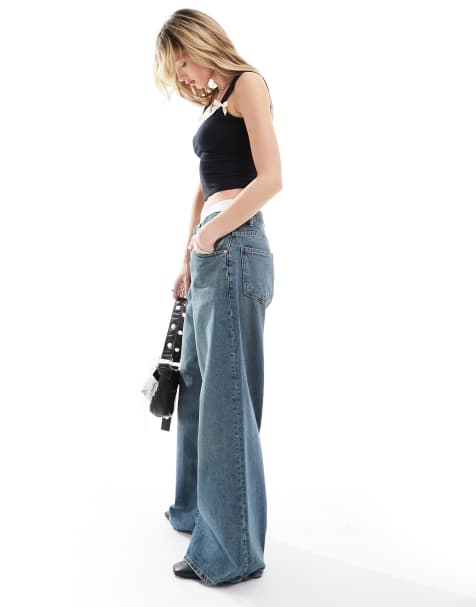 Motel roomy extra wide low rise jeans in vintage blue green - view 1