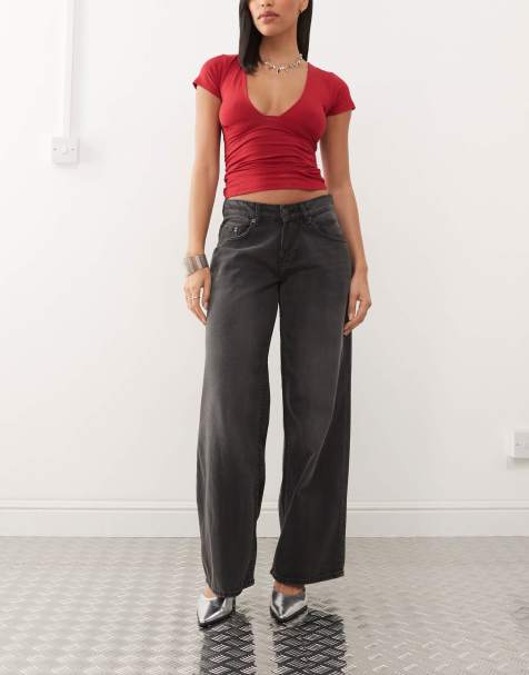 Motel roomy extra wide low rise jeans in washed black grey - view 1