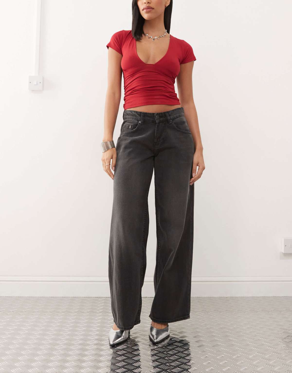 Motel roomy extra wide low rise jeans in washed black grey