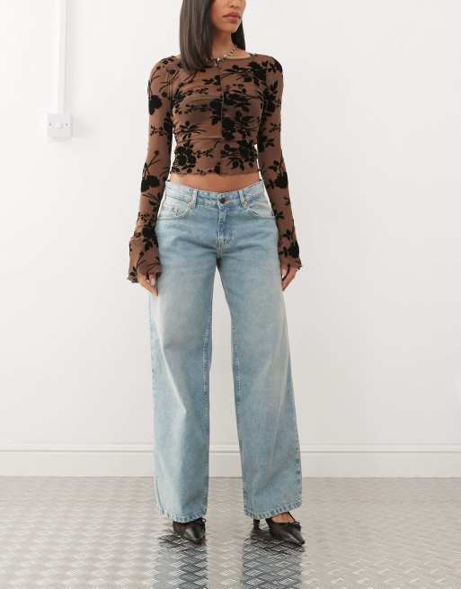 Motel roomy extra wide low rise jeans in washed blue green