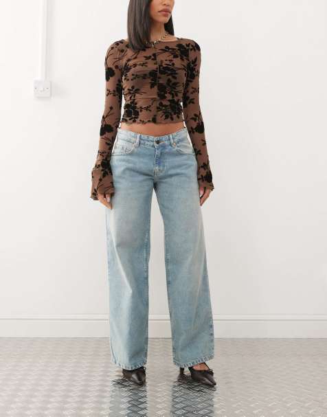 Motel roomy extra wide low rise jeans in washed blue green - view 1