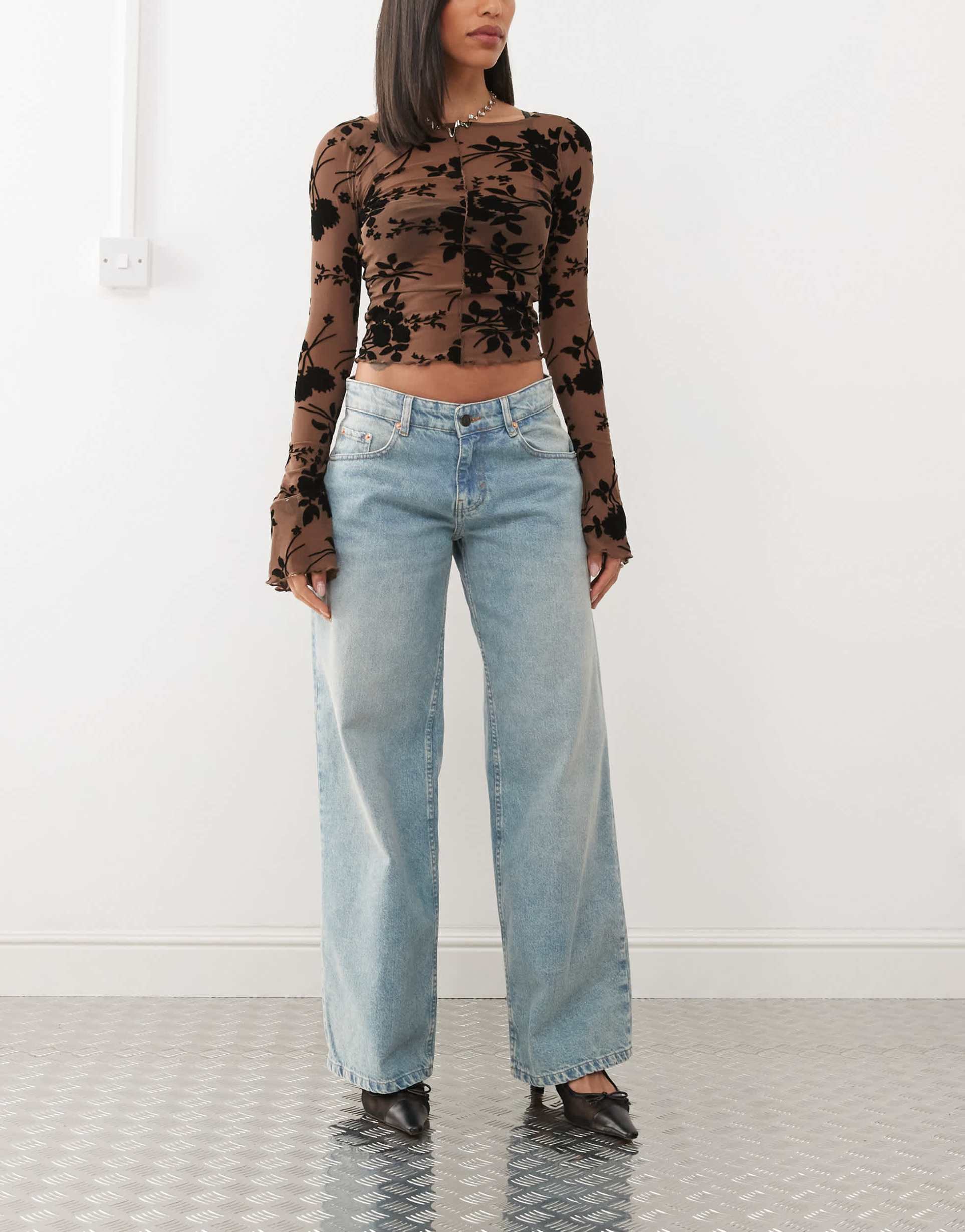 motel roomy extra wide low rise jeans in washed blue green