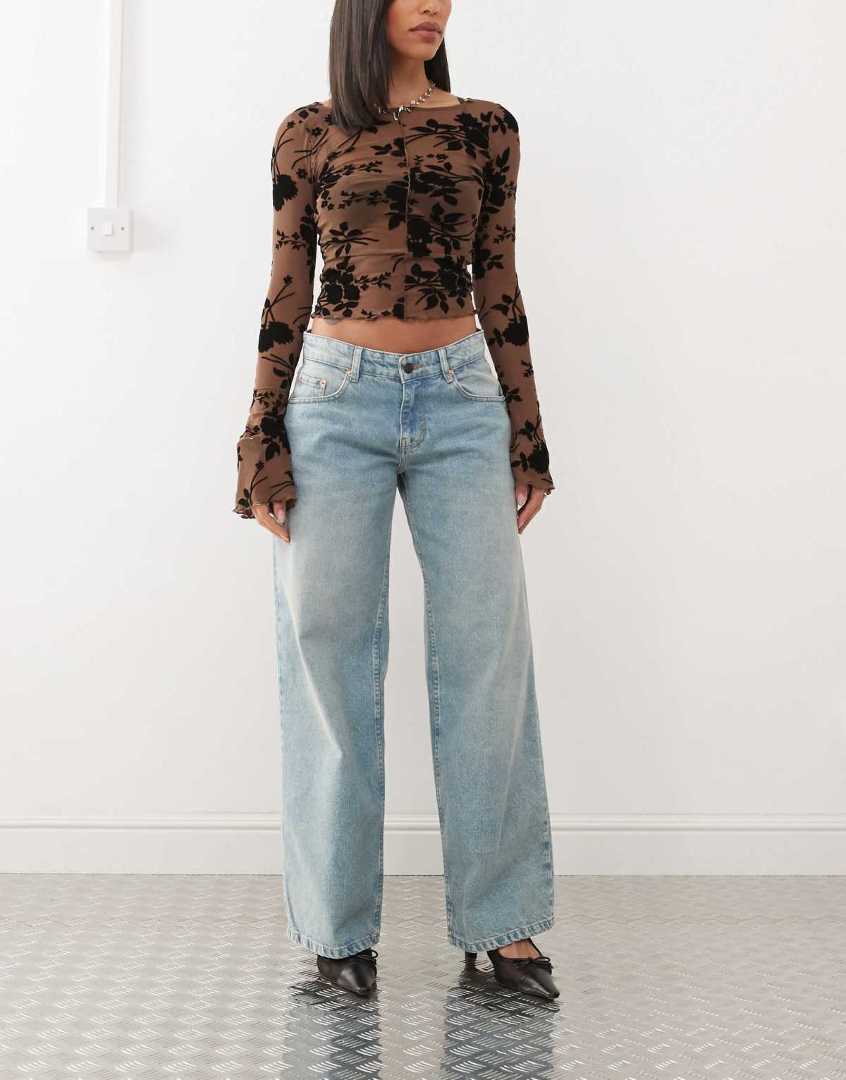 Motel roomy extra wide low rise jeans in washed blue green