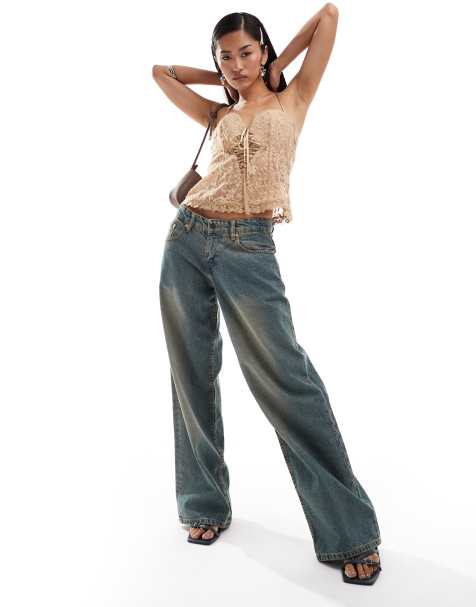 Motel roomy wide leg low rise jeans in brown blue acid wash - view 1