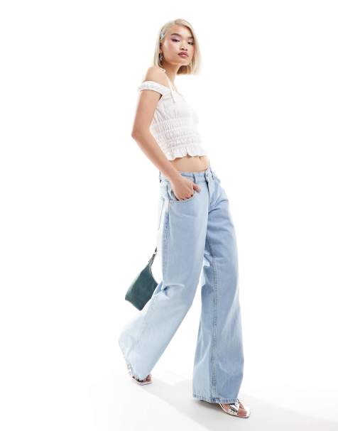 Motel roomy wide leg low rise jeans in light wash blue - view 1