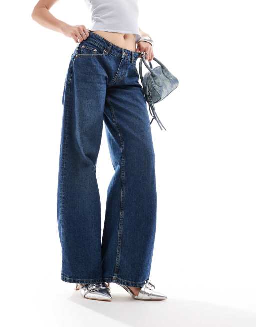 Motel roomy wide leg low rise jeans in mid indigo