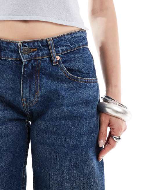 Motel roomy wide leg low rise jeans in mid indigo