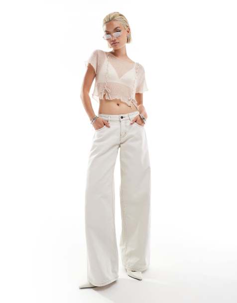 Motel roomy wide leg low rise jeans in off-white - view 1