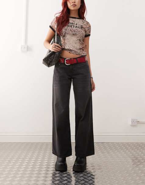 Motel roomy wide leg low rise jeans in washed black