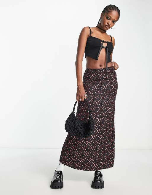 Motel rosebud print grunge maxi skirt in black