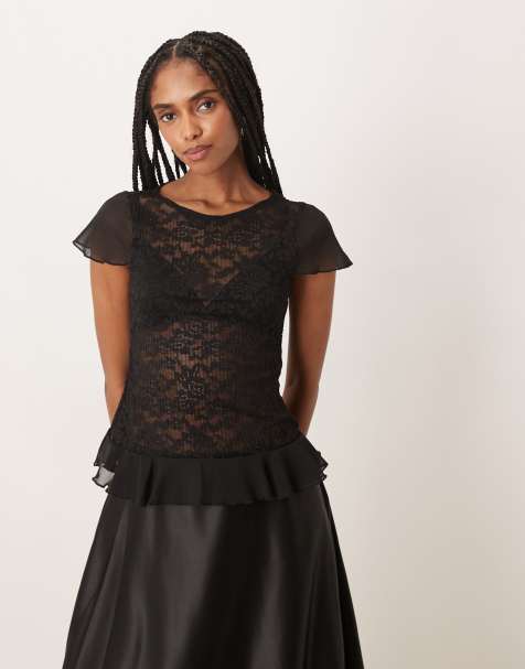 Motel - Roselani - Top en tulle et dentelle à bords volantés - Noir - view 1