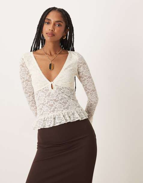 Motel Roselle long sleeve lace ruffle edged top in white - view 1