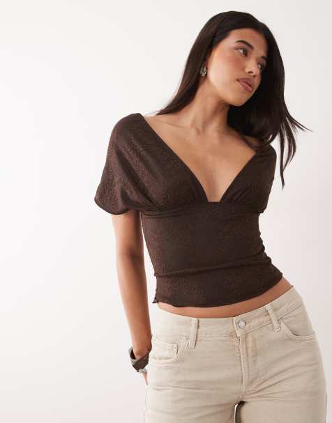 Motel rovali plunge tie back lace top in chocolate brown - view 1