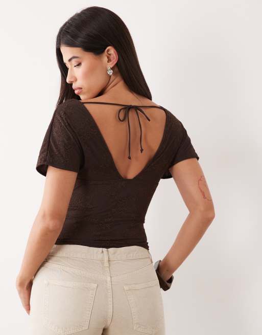 Motel rovali plunge tie back lace top in chocolate brown, 2 of 4