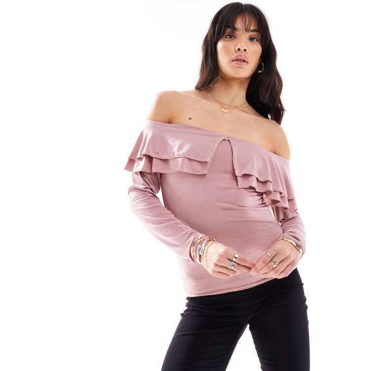 Motel ruffle off shoulder slinky long sleeve top in pink ASOS