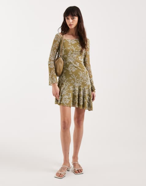 Motel Ruhato long sleeve asymmetric mini dress in olive petals - view 1