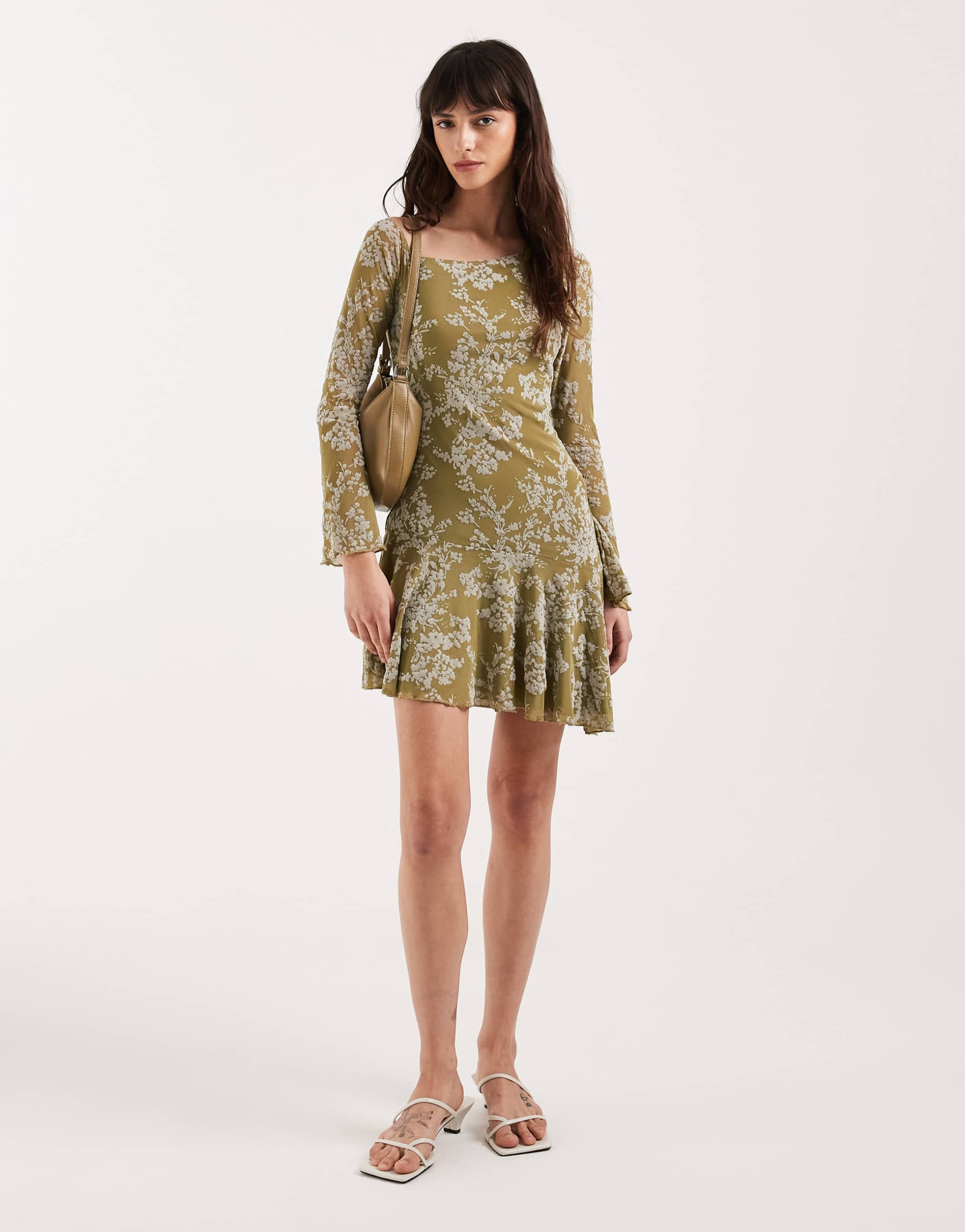 motel ruhato long sleeve asymmetric mini dress in olive petals