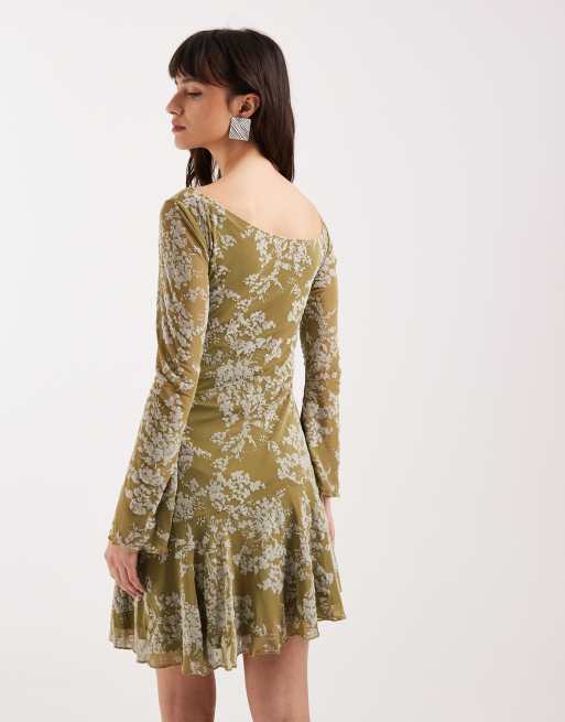 Motel Ruhato one shoulder aysmetric mini dress in olive petal, 4 of 4