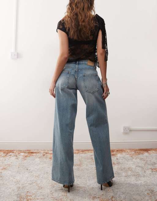 Motel - Ruimvallende extra wijde jeans met lage taille in poederblauw, 2 van 5
