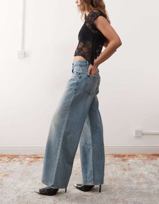 Motel - Ruimvallende extra wijde jeans met lage taille in poederblauw, 3 van 5