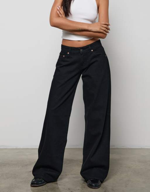 Motel - Ruimvallende jeans met lage taille in zwart met spoeling, 3 van 4