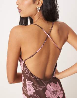 Motel Rujira Floral Cowl Front Cami Midi Dress In Brown