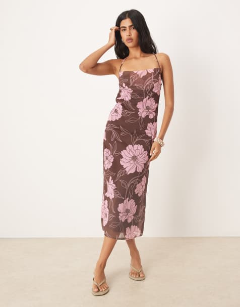 Motel Rujira floral cowl front midi cami dress in pink and brown - view 1