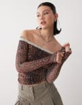 [Motel] Motel Rusaka deer print mesh top in brown XS BROWN