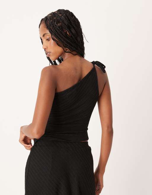 Motel Rusan off shoulder tie detail top co-ord in black, 4 of 4