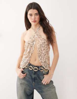 Ruway sequin scarf top in gold