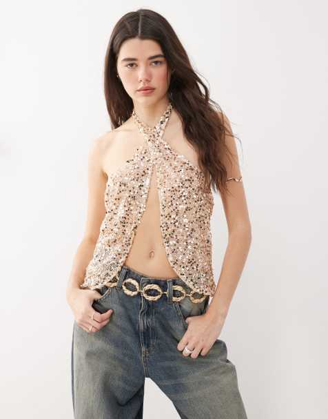 Motel ruway sequin scarf top in gold 