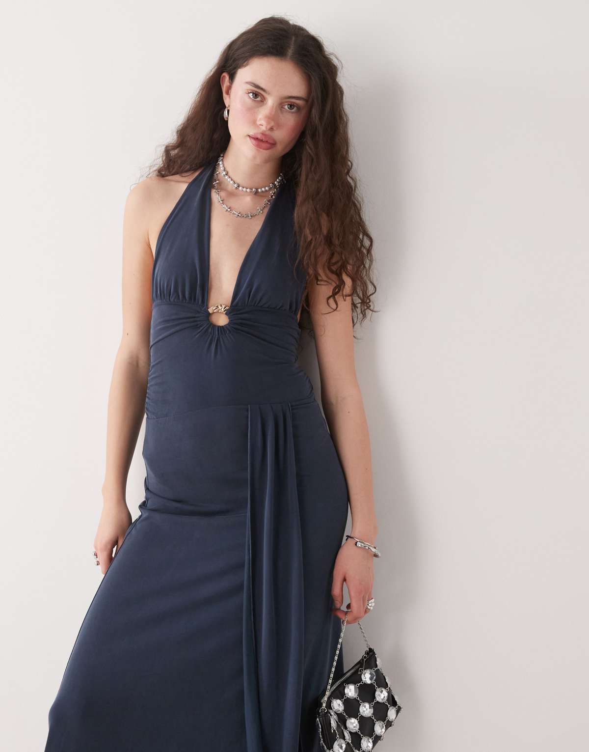 Motel ryoko wrap detail slinky midaxi halter dress in ocean storm blue