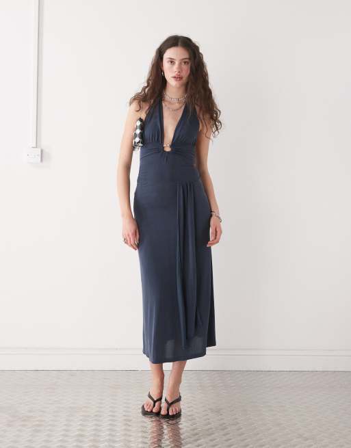 Motel ryoko wrap detail slinky midaxi halter dress in ocean storm