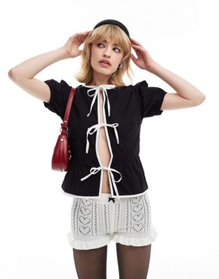 Motel ryota tie front blouse in black and white