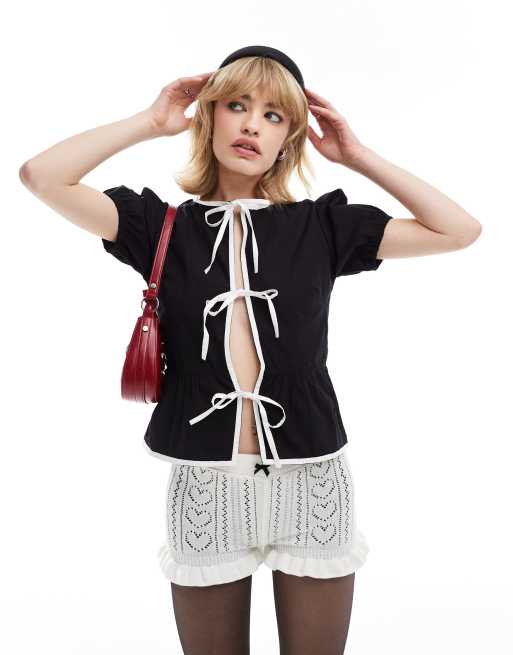 Motel Ryota tie front blouse in black and white