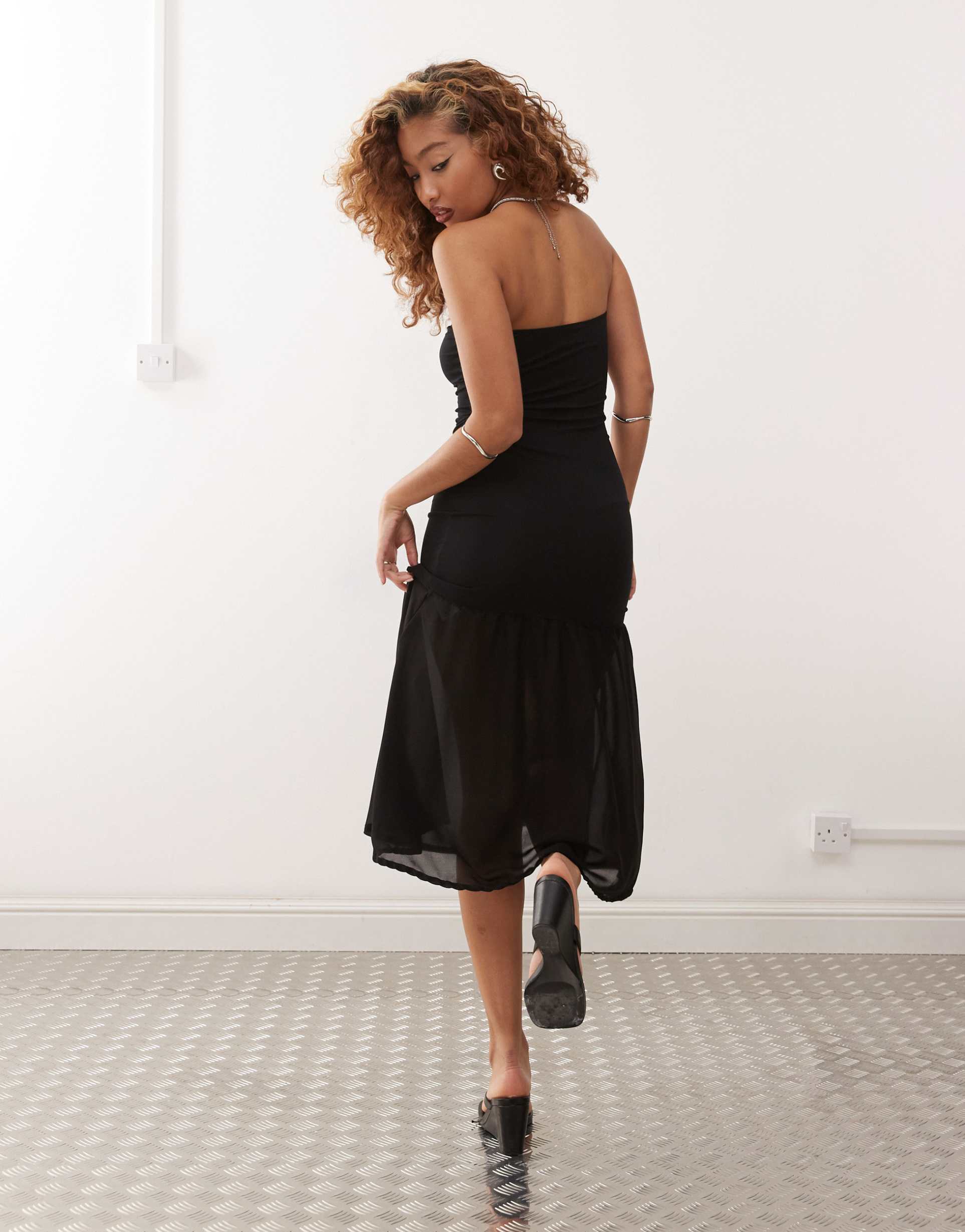 motel sachiko chiffon overlay bandeau maxi dress in black