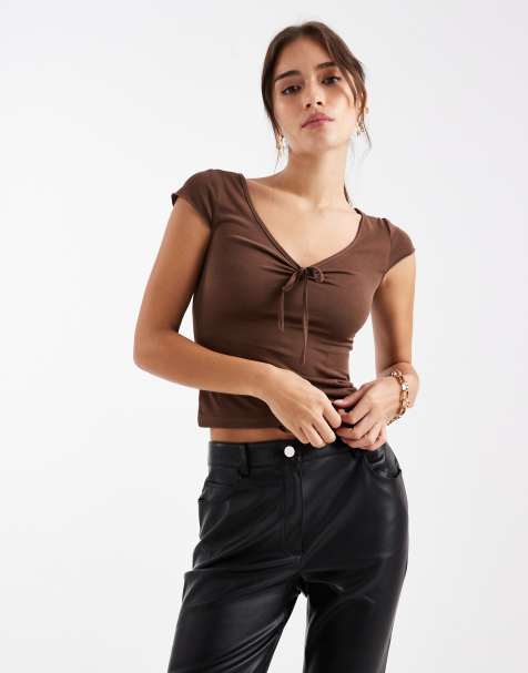Motel Saiba cap sleeve top with tie detail in brown