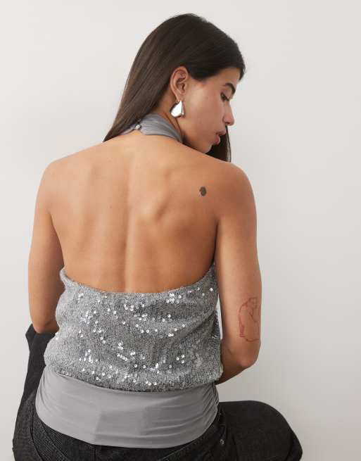 Motel Saiya Neckholder-Top mit silbernen Pailletten, 4 von 4