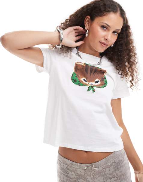 Motel saki nona kitty print relaxed fit t-shirt in white - view 1